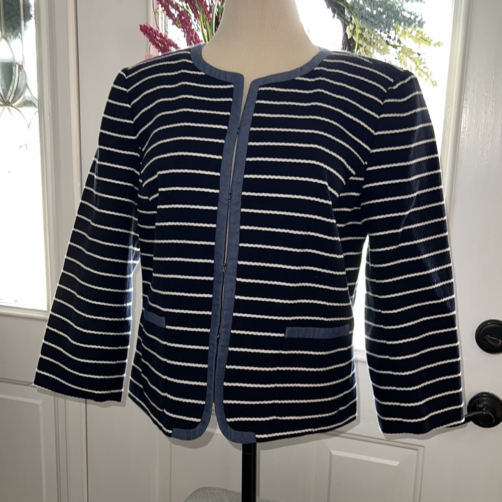 Talbots women jacket blazer blue stripes sailor pockets Cropped Size 12